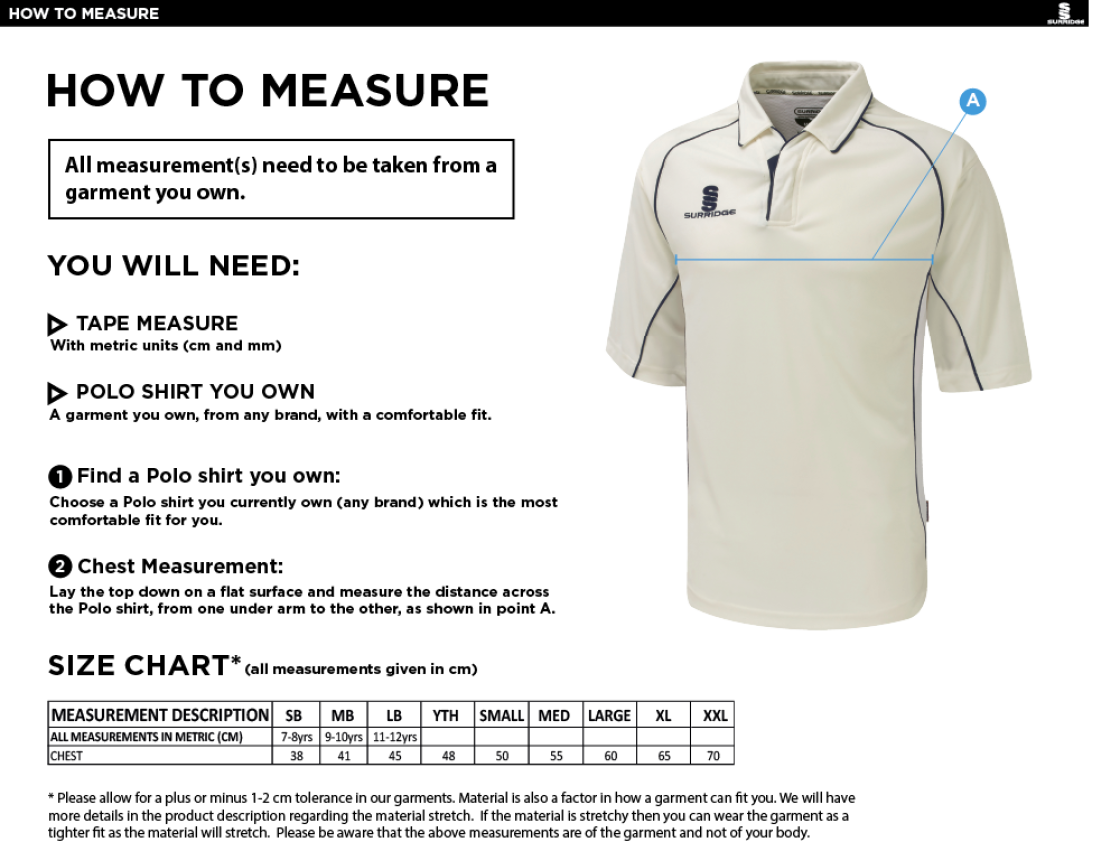 SALESBURY CRICKET CLUB  3/4 SLEEVE PLAYING SHIRT - Size Guide