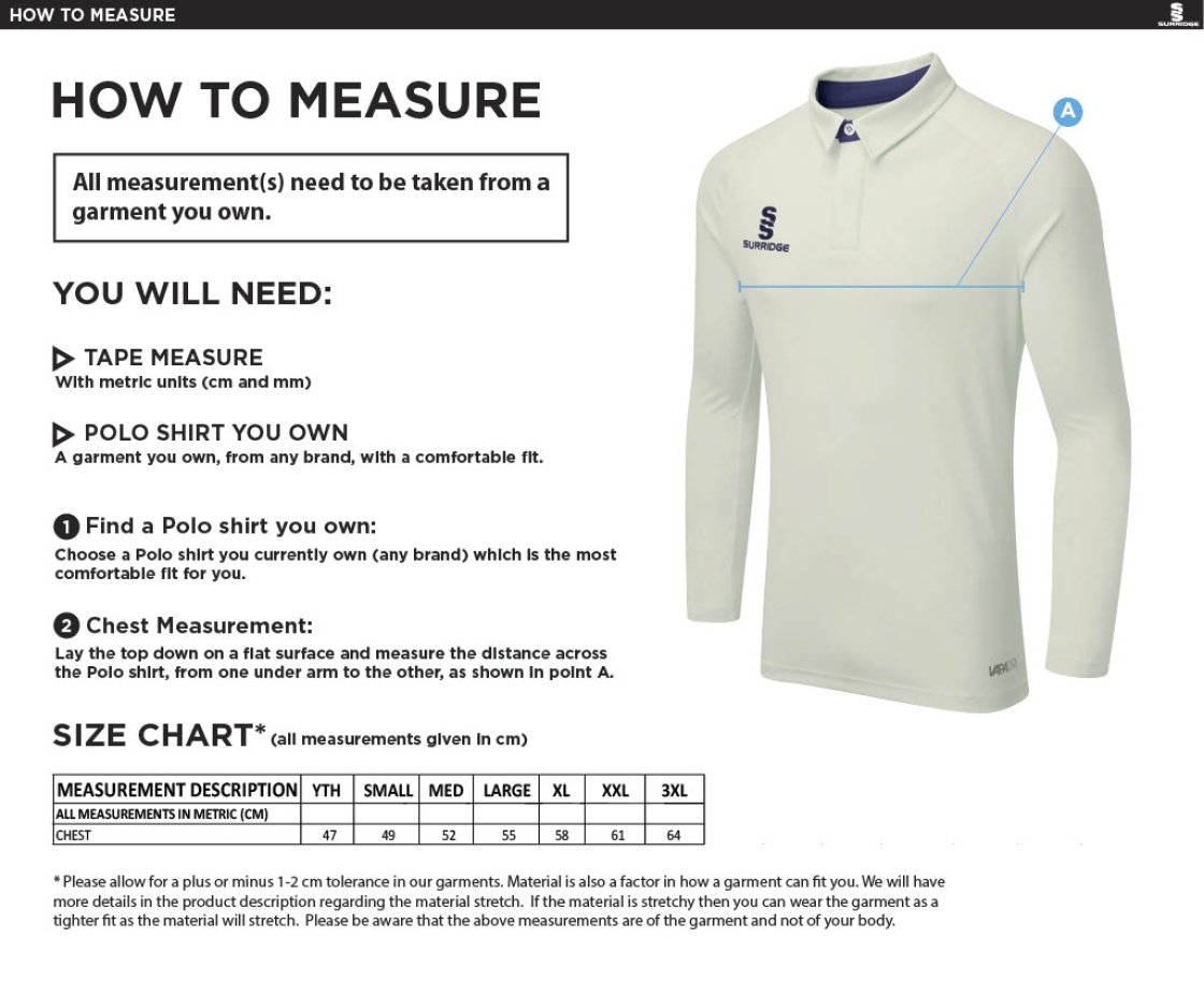 SALESBURY CRICKET CLUB L/S ERGO CRICKET SHIRT - Size Guide