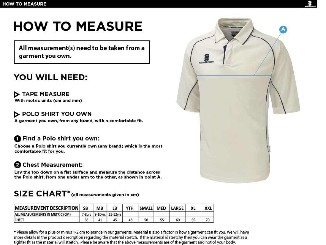 SALESBURY CRICKET CLUB  3/4 SLEEVE PLAYING SHIRT - Size Guide